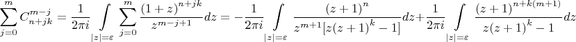 $$\sum\limits_{j = 0}^m {C_{n + jk}^{m - j}}  = {1 \over {2\pi i}}\int\limits_{\left| z \right| = \varepsilon } {\sum\limits_{j = 0}^m {{{{{(1 + z)}^{n + jk}}} \over {{z^{m - j + 1}}}}} dz}  =  - {1 \over {2\pi i}}\int\limits_{\left| z \right| = \varepsilon } {{{{{(z + 1)}^n}} \over {{z^{m + 1}}[z{{(z + 1)}^k} - 1]}}dz}  + {1 \over {2\pi i}}\int\limits_{\left| z \right| = \varepsilon } {{{{{(z + 1)}^{n + k(m + 1)}}} \over {z{{(z + 1)}^k} - 1}}dz} $$