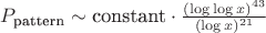 $P_{\text{pattern}} \sim \text{constant} \cdot \frac{(\log\log x)^{43}}{(\log x)^{21}}$ $P_{\text{pattern}} \sim \text{constant} \cdot \frac{(\log\log x)^{43}}{(\log x)^{21}}$