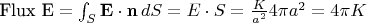 $\text{Flux E} = \int_S\mathbf E\cdot\mathbf n\,dS = E\cdot S = \tfrac{K}{a^2}4\pi a^2 = 4\pi K$