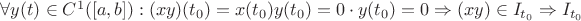 $\forall y(t)\in C^1([a,b]):(xy)(t_0)=x(t_0)y(t_0)=0\cdot y(t_0)=0 \Rightarrow (xy)\in I_{t_0}\Rightarrow I_{t_0}$