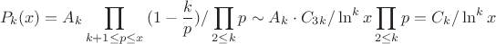 $$P_{k}(x)=A_k\prod_{k+1 \leq p\leq x}{(1-\frac {k} {p})}/\prod_{2 \leq k}{p}\sim A_k \cdot C_{3k}/ \ln^k x \prod_{2\leq k}{p}=C_{k}/ \ln^k x$$