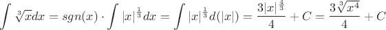 $$
\int\sqrt[3]{x}dx = sgn(x)\cdot\int{|x|^{\frac{1}{3}}}dx= \int{|x|^{\frac{1}{3}}}d(|x|)= \frac{3|x|^\frac{4}{3}}{4}+C=\frac{3\sqrt[3]{x^4}}{4}+C
$$