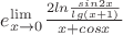$e^{\lim }\limits_{x \to 0}\frac{2ln\frac{sin2x}{lg(x+1)}}{x+cosx}$