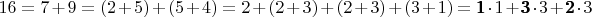 $16=7+9=(2+5)+(5+4)=2+(2+3)+(2+3)+(3+1)=\pmb 1\cdot1+\pmb 3\cdot3+\pmb 2\cdot3$