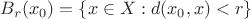 $B_r(x_0)=\{x\in X:d(x_0,x)<r\}$