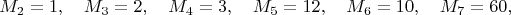 $$
M_2=1, \quad M_3=2, \quad M_4=3, \quad M_5=12, \quad M_6=10, \quad M_7=60, 
$$