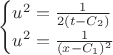 $$ 
\begin{cases}
u^2 = \frac{1}{2(t-C_2)}\\
u^2 = \frac{1}{(x-C_1)^2}
\end{cases}
$$