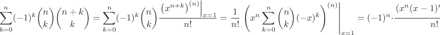 $$\sum\limits_{k=0}^n (-1)^k\binom{n}{k}\binom{n+k}{k}=\sum\limits_{k=0}^n (-1)^k\binom{n}{k}\frac{\left.\left(x^{n+k}\right)^{(n)}\right|_{x=1}}{n!}=\frac{1}{n!}\left.\left(x^n\sum\limits_{k=0}^n\binom{n}{k}(-x)^k\right)^{(n)}\right|_{x=1}=(-1)^n\cdot \frac{\left.\left(x^n(x-1)^n\right)^{(n)}\right|_{x=1}}{n!}$$