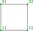 \definecolor{qqzzqq}{rgb}{0,0.6,0}
\begin{tikzpicture}[line cap=round,line join=round,>=triangle 45,x=1.0cm,y=1.0cm]
\clip(3.63,5.56) rectangle (6.9,8.79);
\draw (4,8)-- (4,6);
\draw (4,6)-- (6,6);
\draw (6,6)-- (6,8);
\draw (6,8)-- (4,8);
\fill [color=qqzzqq] (4,8) circle (1.5pt);
\draw[color=qqzzqq] (4.25,8.2) node {21};
\fill [color=qqzzqq] (4,6) circle (1.5pt);
\draw[color=qqzzqq] (4.25,6.2) node {11};
\fill [color=qqzzqq] (6,6) circle (1.5pt);
\draw[color=qqzzqq] (6.25,6.2) node {12};
\fill [color=qqzzqq] (6,8) circle (1.5pt);
\draw[color=qqzzqq] (6.25,8.2) node {22};
\end{tikzpicture}
