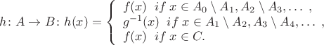 $$h\colon A\to B\colon h(x)=\left\{
\begin{array}{lcl}
 f(x) \;\; if\; x\in A_0\setminus A_1,  A_2\setminus A_3, \ldots \;,\\
 g^{-1}(x) \;\; if\; x\in A_1\setminus A_2,  A_3\setminus A_4, \ldots\;,\\
f(x)\;\; if\; x\in C.
\end{array}
\right.$$