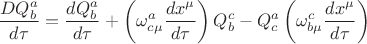 $$
\frac{D Q^{a}_{b}}{d \tau} =
\frac{d Q^{a}_{b}}{d \tau} + \left( {\omega}^{a}_{c \mu} \frac{d x^{\mu}}{d \tau} \right) Q^{c}_{b}
- Q^{a}_{c} \left( {\omega}^{c}_{b \mu} \frac{d x^{\mu}}{d \tau} \right)
$$