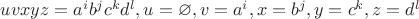 $uvxyz = a^ib^jc^kd^l, u = \varnothing, v = a^i, x = b^j, y = c^k, z = d^l$