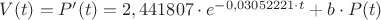 $V(t) = P'(t) = 2,441807 \cdot e ^ {- 0,03052221 \cdot t } + b \cdot P(t) $