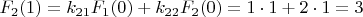 $F_{2}(1)=k_{21}F_{1}(0)+k_{22}F_{2}(0)=1\cdot1+2\cdot1=3$