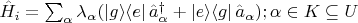 $\hat{H}_i=\sum_\alpha \lambda_\alpha (| g\rangle\langle e | \,\hat{a}_\alpha^\dagger+| e\rangle\langle g |\, \hat{a}_\alpha) ; \alpha\in K \subseteq U$