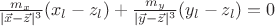 $\frac{m_x}{|\vec x-\vec z|^3} (x_l-z_l)+\frac{m_y}{|\vec y-\vec z|^3}(y_l- z_l)=0$