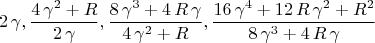 $$2\,\gamma, \frac{4\,\gamma^2+R}{2\,\gamma}, \frac{8\,\gamma^3+4\,R\,\gamma}{4\,\gamma^2+R}, \frac{16\,\gamma^4+12\,R\,\gamma^2+R^2}{8\,\gamma^3+4\,R\,\gamma}$$