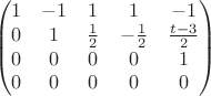 $$\begin{pmatrix}
1&-1  &1  & 1 & -1 \\
0 & 1 &\frac{1}{2}& -\frac{1}{2}& \frac{t-3}{2} \\
0 &0  &0 & 0 &  1 \\
0 &0  &0 & 0 &  0 
\end{pmatrix}$$