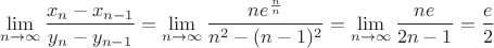 $$\lim\limits_{n\to\infty}\frac{x_n-x_{n-1}}{y_n-y_{n-1}}=\lim\limits_{n\to\infty}\frac{ne^\frac{n}{n}}{n^2-(n-1)^2}=\lim\limits_{n\to\infty}\frac{ne}{2n-1}=\frac{e}{2}$$