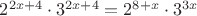 $2^{2x+4}\cdot 3^{2x+4}=2^{8+x}\cdot 3^{3x}$