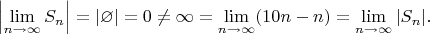 $\Bigl|\lim\limits_{n\to\infty}S_n\Bigr| = |\varnothing| = 0 \ne \infty = \lim\limits_{n\to\infty}(10n-n) = \lim\limits_{n\to\infty}|S_n|.$