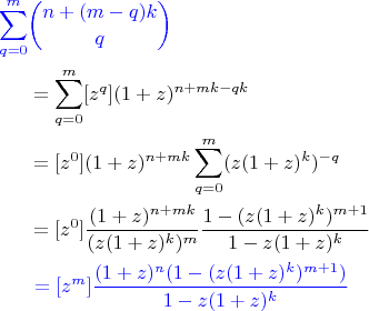 $$\begin{align*}
\color{blue}{\sum_{q=0}^m}&\color{blue}{\binom{n+(m-q)k}{q}}\\
&=\sum_{q=0}^m[z^q](1+z)^{n+mk-qk}\\
&=[z^0](1+z)^{n+mk}\sum_{q=0}^m(z(1+z)^k)^{-q}\\
&=[z^0]\frac{(1+z)^{n+mk}}{(z(1+z)^k)^m}\frac{1-(z(1+z)^k)^{m+1}}{1-z(1+z)^k}\\
&\,\,\color{blue}{=[z^m]\frac{(1+z)^n(1-(z(1+z)^k)^{m+1})}{1-z(1+z)^k}}
\end{align*}$$