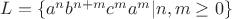 $L = \{a^n b^{n+m} c^m a^m | n,m \ge 0\}$