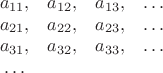 $$\begin{matrix} a_{11}, & a_{12}, & a_{13}, & \ldots \\ a_{21}, & a_{22}, & a_{23}, & \ldots \\ a_{31}, & a_{32}, & a_{33}, & \ldots \\ \ldots & & & \end{matrix}$$