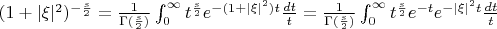 $(1 + |\xi|^2)^{-\frac{s}{2}} = \frac{1}{\Gamma(\frac{s}{2})} \int_0^\infty t^{\frac{s}{2}} e^{-(1 + |\xi|^2)t} \frac{dt}{t} = \frac{1}{\Gamma(\frac{s}{2})} \int_0^\infty t^{\frac{s}{2}} e^{-t} e^{-|\xi|^2 t} \frac{dt}{t}$