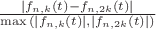 $\frac{\left|f_{n,k}(t) - f_{n,2k}(t)\right|}{\max{(\left|f_{n,k}(t)\right|, \left|f_{n,2k}(t)\right|)}}$