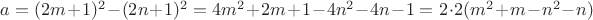 $a=(2m+1)^2 - (2n+1)^2 = 4m^2+2m+1-4n^2-4n-1=2 \cdot 2(m^2+m-n^2-n)$