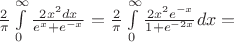 $\frac{2}{\pi}\int\limits_0^\infty\frac{2x^2dx}{e^x + e^{-x}}= \frac{2}{\pi}\int\limits_0^\infty\frac{2x^2 e^{-x} }{1 + e^{-2x}}dx=$