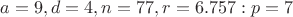$a=9, d=4, n=77, r=6.757 : p=7$