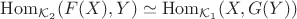 $\mathrm{Hom}_{\mathcal{K}_2}(F(X),Y)\simeq \mathrm{Hom}_{\mathcal{K}_1}(X,G(Y))$
