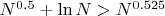 $N^{0.5} + \ln N > N^{0.525}$