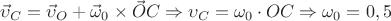 $\vec\upsilon_C=\vec\upsilon_O+\vec\omega_0\times \vec OC\Rightarrow \upsilon_C=\omega_0\cdot OC\Rightarrow \omega_0=0,5$ $\vec\upsilon_C=\vec\upsilon_O+\vec\omega_0\times \vec OC\Rightarrow \upsilon_C=\omega_0\cdot OC\Rightarrow \omega_0=0,5$