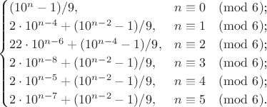 $$\begin{cases}
(10^n-1)/9,&\text{$n \equiv 0 \pmod 6$;}\\
2 \cdot 10^{n-4}+(10^{n-2}-1)/9,&\text{$n \equiv 1 \pmod 6$;}\\
22 \cdot 10^{n-6}+(10^{n-4}-1)/9,&\text{$n \equiv 2 \pmod 6$;}\\
2 \cdot 10^{n-8}+(10^{n-2}-1)/9,&\text{$n \equiv 3 \pmod 6$;}\\
2 \cdot 10^{n-5}+(10^{n-2}-1)/9,&\text{$n \equiv 4 \pmod 6$;}\\
2 \cdot 10^{n-7}+(10^{n-2}-1)/9,&\text{$n \equiv 5 \pmod 6$.}
\end{cases}$$