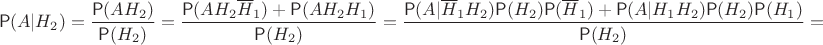 $$\mathsf P(A | H_2) = \frac{\mathsf P(A H_2)}{\mathsf P(H_2)}=\frac{\mathsf P(A H_2\overline H_1)+\mathsf P(A H_2H_1)}{\mathsf P(H_2)} = \frac{\mathsf P(A|\overline H_1H_2)\mathsf P(H_2)\mathsf P(\overline H_1)+\mathsf P(A|H_1H_2)\mathsf P(H_2)\mathsf P(H_1)}{\mathsf P(H_2)}=$$