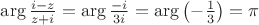 $\arg\frac{i-z}{z+i}=\arg\frac{-i}{3i}=\arg\left(-\frac 13\right)=\pi$