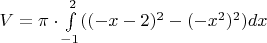 $V = \pi \cdot \int\limits_{-1}^{2} ((-x-2)^2 - (-x^2)^2) dx$