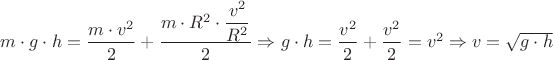 ${m}\cdot{g}\cdot{h}=\dfrac{{m}\cdot{{v}^{2}}}{2}+\dfrac{{m}\cdot{{R}^{2}}\cdot{\dfrac{{v}^{2}}{{R}^{2}}}}{2}\Rightarrow{g}\cdot{h}=\dfrac{{v}^{2}}{2}+\dfrac{{v}^{2}}{2}={{v}^{2}}\Rightarrow{v}=\sqrt{{g}\cdot{h}}$