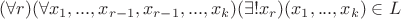 $(\forall r)(\forall x_1,...,x_{r-1},x_{r-1},...,x_k)(\exists ! x_r)(x_1,...,x_k) \in L$