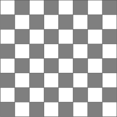 $\begin{tikzpicture}
\draw (0,0) grid (8,8);
\foreach \x in {0,1,2,3} \foreach \y in {0,1,2,3} \fill [gray] (2*\x,2*\y) rectangle (2*\x+1,2*\y+1);
\foreach \x in {0,1,2,3} \foreach \y in {0,1,2,3} \fill [gray] (2*\x+1,2*\y+1) rectangle (2*\x+2,2*\y+2);
\end{tikzpicture}$