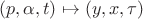 $(p,\alpha,t)\mapsto(y,x,\tau)$