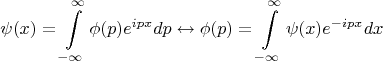 $$ \psi(x)=\int\limits_{-\infty}^{\infty}\phi(p)e^{ipx}dp\leftrightarrow \phi(p)=\int\limits_{-\infty}^{\infty}\psi(x)e^{-ipx}dx$$