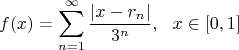 $$f(x) = \sum\limits_{n=1}^{\infty} \frac{|x-r_n|}{3^n}, ~~ x \in [0,1]$$
