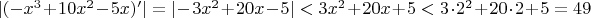 $|(-x^3+10 x^2-5 x)'|=|-3 x^2+20 x-5|<3 x^2+20 x+5<3 \cdot 2^2+20 \cdot 2+5= 49$