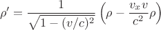 $$ \rho' = \frac{1}{\sqrt{1-(v/c)^2}}\left(\rho -\frac{v_x v}{c^2}\rho \right) $$