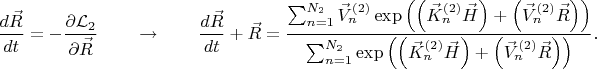 $$
\frac{d \vec{R}}{d t} = - \frac{\partial \mathcal{L}_{2}}{\partial \vec{R}}
\qquad \to \qquad 
\frac{d \vec{R}}{d t} + \vec{R} = \frac{\sum_{n = 1}^{N_{2}} \vec{V}^{(2)}_{n}
\exp \left( \left(\vec{K}^{(2)}_{n} \vec{H}\right) + \left(\vec{V}^{(2)}_{n} \vec{R}\right) \right)}{\sum_{n = 1}^{N_{2}}
\exp \left( \left(\vec{K}^{(2)}_{n} \vec{H}\right) + \left(\vec{V}^{(2)}_{n} \vec{R}\right) \right)}.
$$