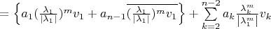 $= \left\lbrace a_1 (\frac{\lambda_1}{\left\lvert\lambda_1\right\rvert})^m v_1 + a_{n - 1} \overline{(\frac{\lambda_1}{\left\lvert\lambda_1\right\rvert})^m v_1}\right\rbrace + \sum\limits_{k=2}^{n - 2} a_k \frac{\lambda_k^m}{\left\lvert\lambda_1^m\right\rvert} v_k$